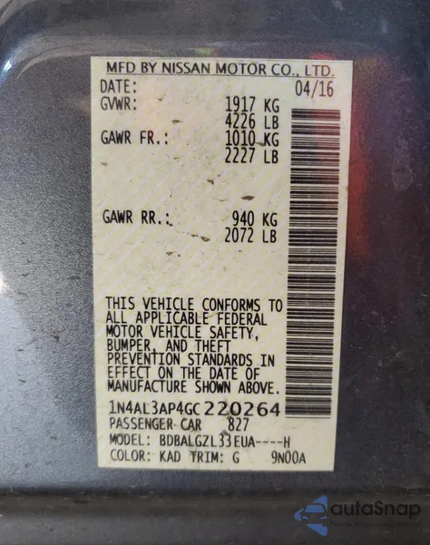 2016 Nissan Altima 2.5 z USA, uszkodzony, nr VIN 1N4AL3AP4GC220264